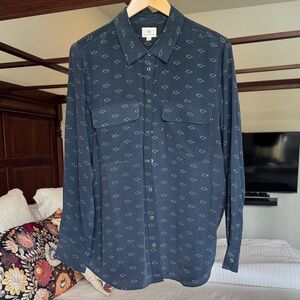 Navy Blue Adorable Shark Patterned Silk Shirt